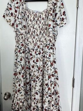 IVY CITY Smocked Floral Maxi Dress - White with Red Rose Print